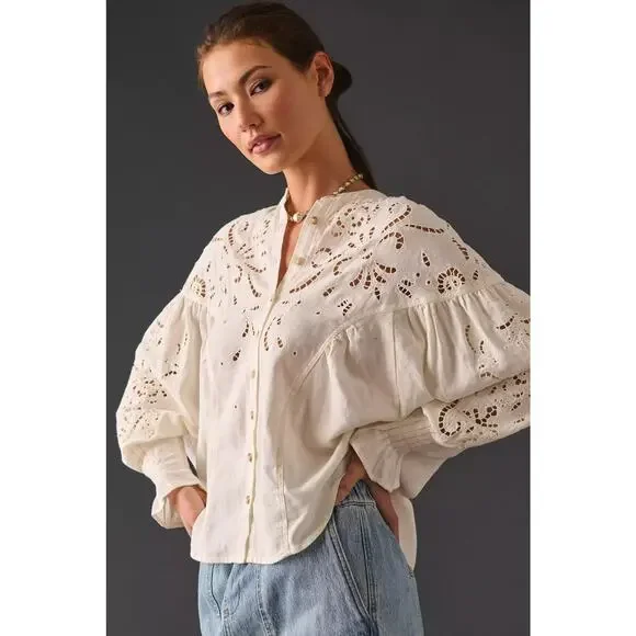 Pilcro Structured Eyelet Blouse L - Picture 1 of 7